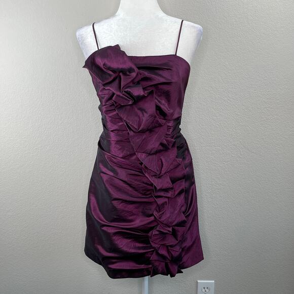 Lets Fashion Purple Taffeta Sleeveless Ruched Ruffle Party Mini Dress JR Large - Picture 12 of 13
